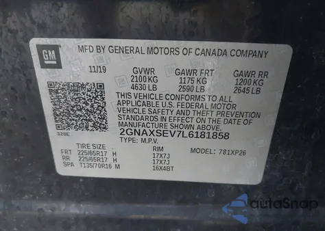 2020 Chevrolet Equinox Awd Ls z USA, uszkodzony, nr VIN 2GNAXSEV7L6181858
